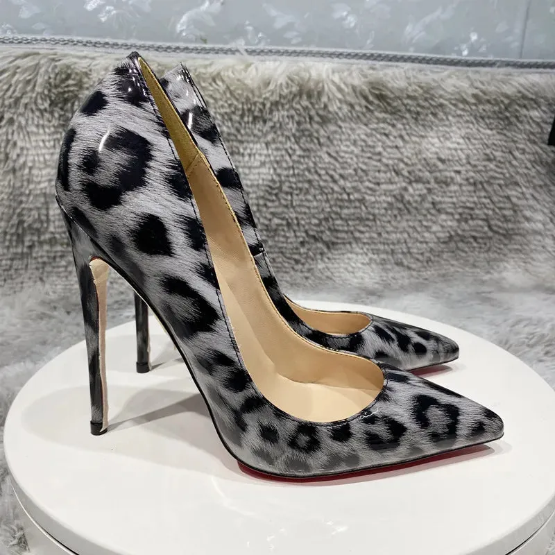 12cm Grey leopard high heels women's narrow pointed high heels