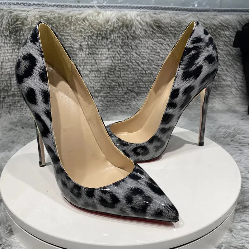 12cm Grey leopard high heels women's narrow pointed high heels