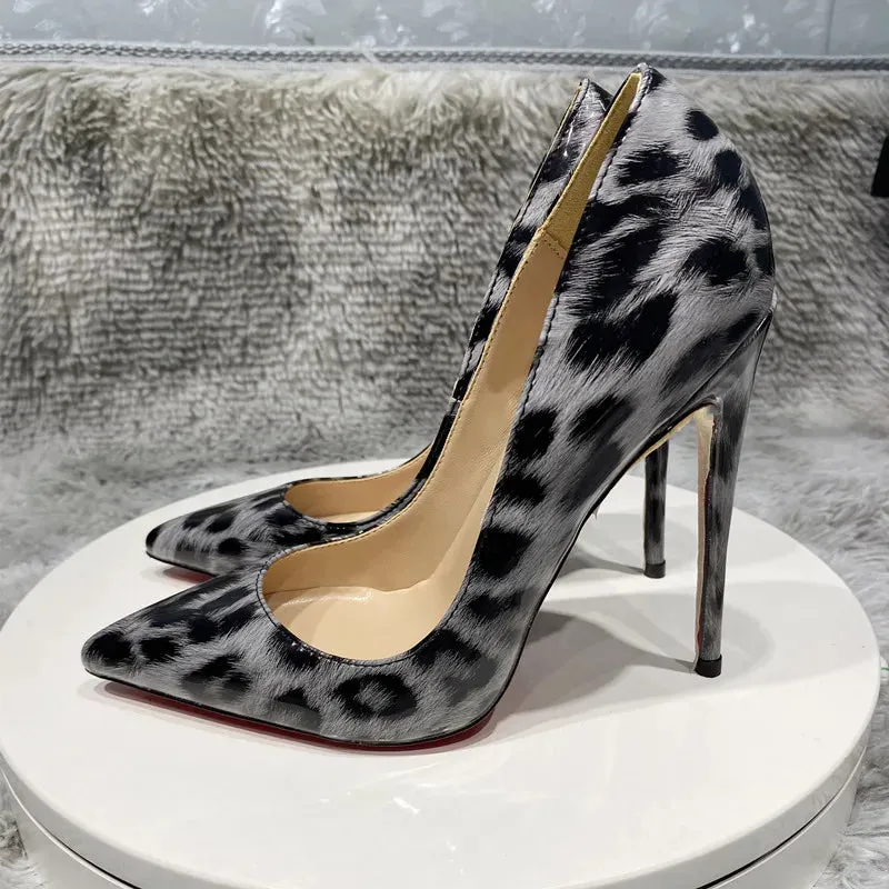12cm Grey leopard high heels women's narrow pointed high heels