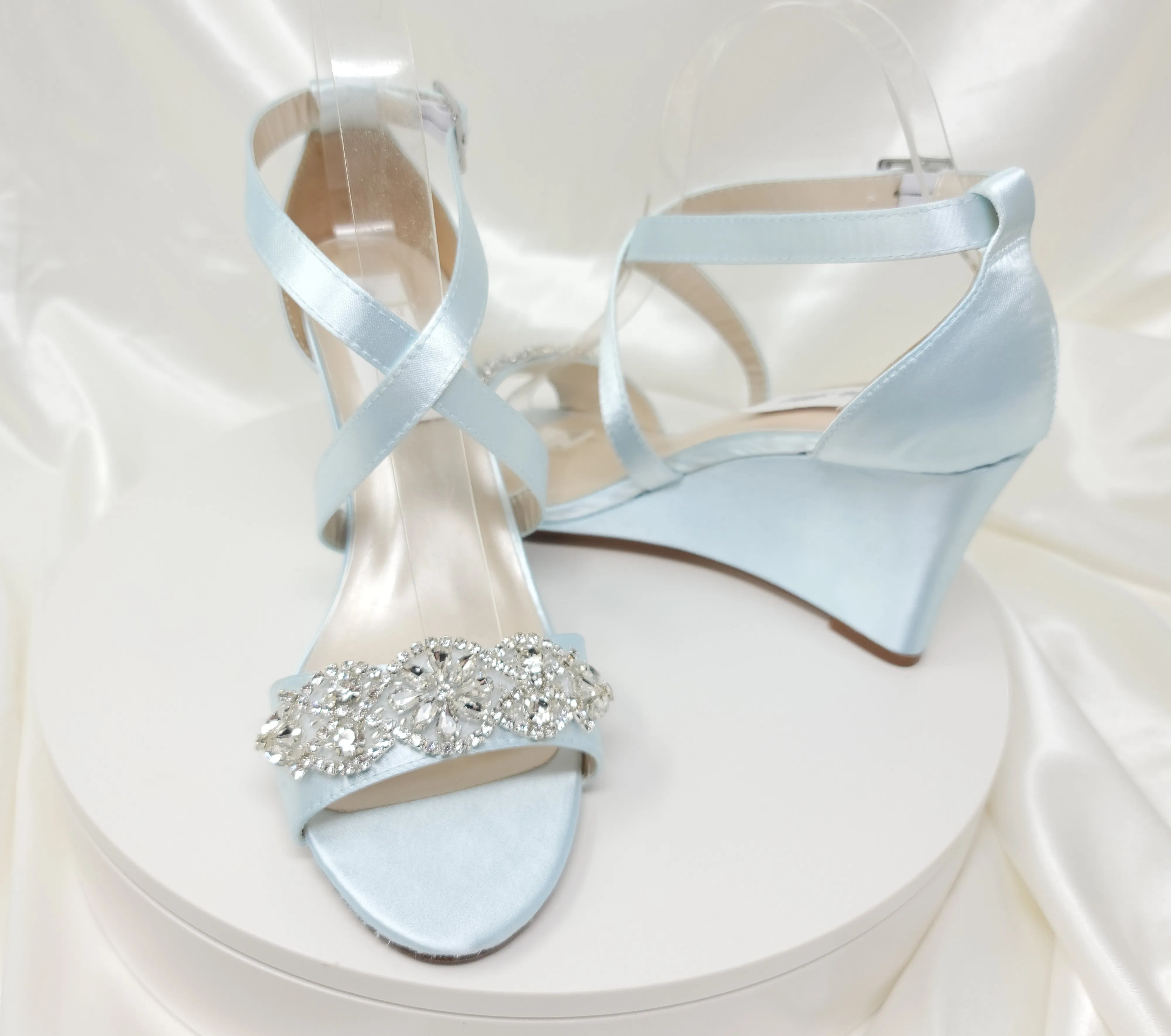 Baby Blue Bridal Wedges with Crystal Applique Design | Dyeable Shoes