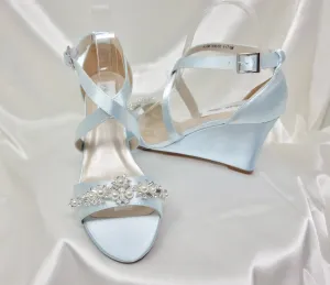 Baby Blue Bridal Wedges with Pearl and Crystal Trim | Dyeable Shoes
