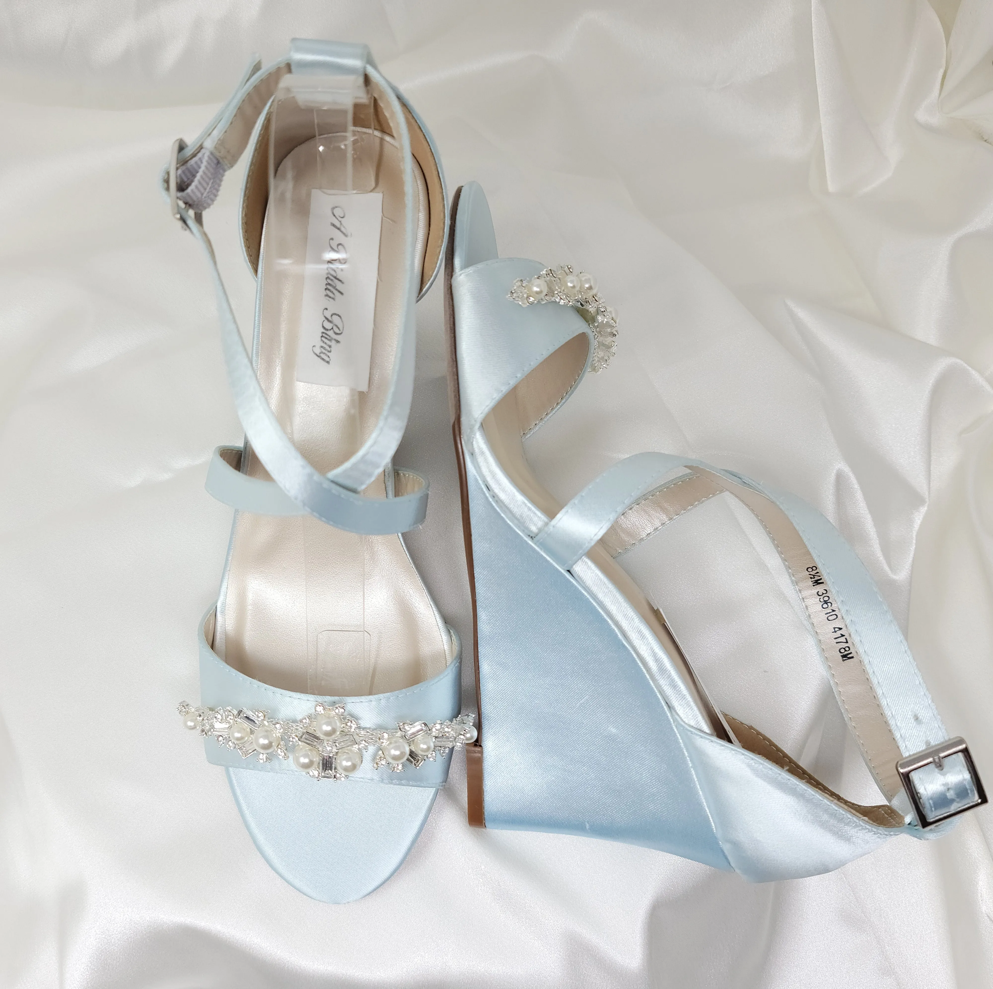 Baby Blue Bridal Wedges with Pearl and Crystal Trim | Dyeable Shoes