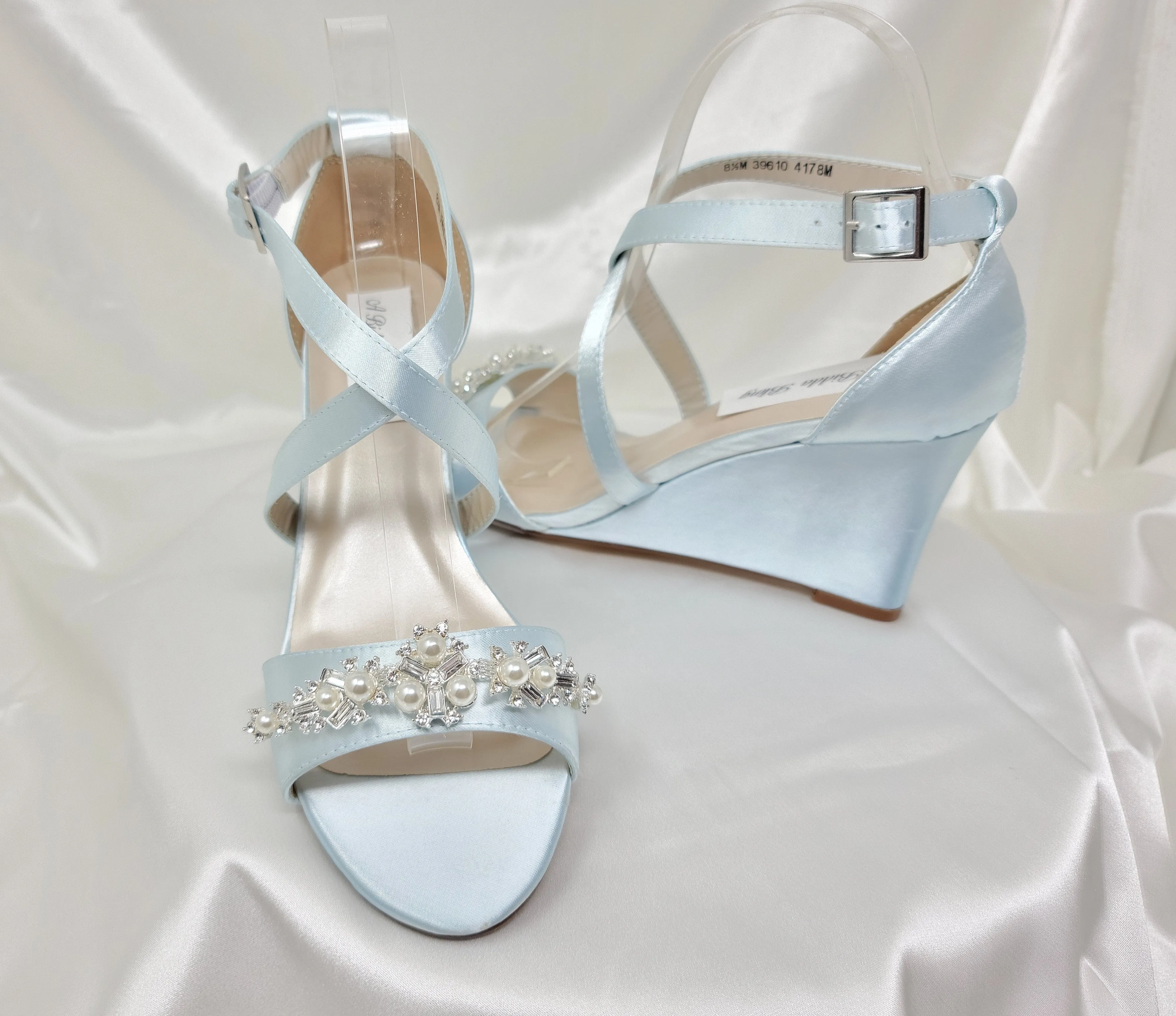 Baby Blue Bridal Wedges with Pearl and Crystal Trim | Dyeable Shoes