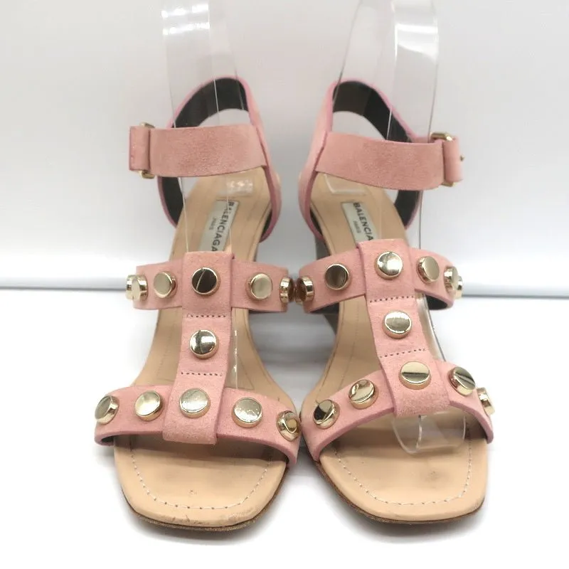 Balenciaga Studded Wedge Sandals Pink Suede Size 36 Ankle Strap Heels