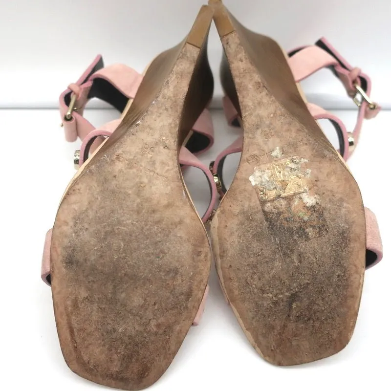 Balenciaga Studded Wedge Sandals Pink Suede Size 36 Ankle Strap Heels