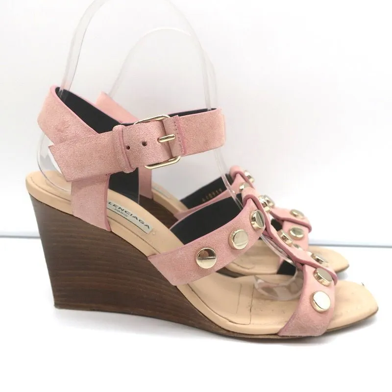Balenciaga Studded Wedge Sandals Pink Suede Size 36 Ankle Strap Heels