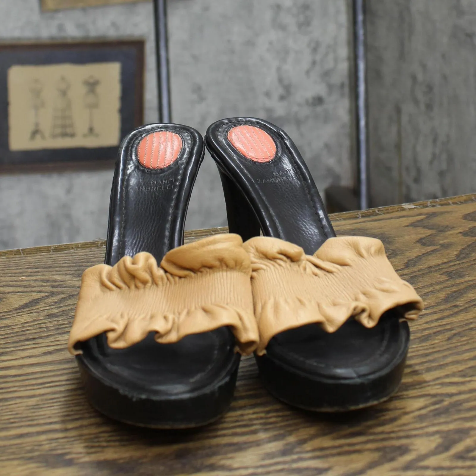 Banfi Zambrelli Womens Vintage Block Heels Slip On Leather Black / Brown 9M