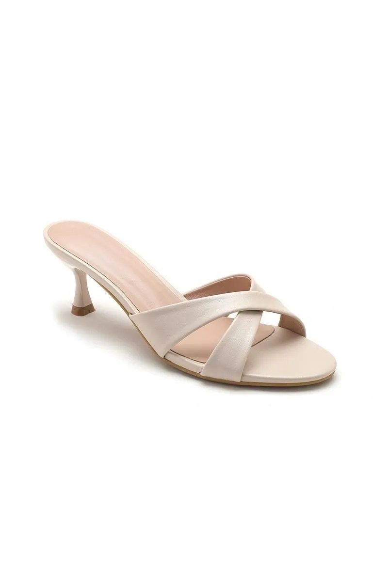 BEIGE CROSS STRAP SLIP ON OPEN TOE MULES
