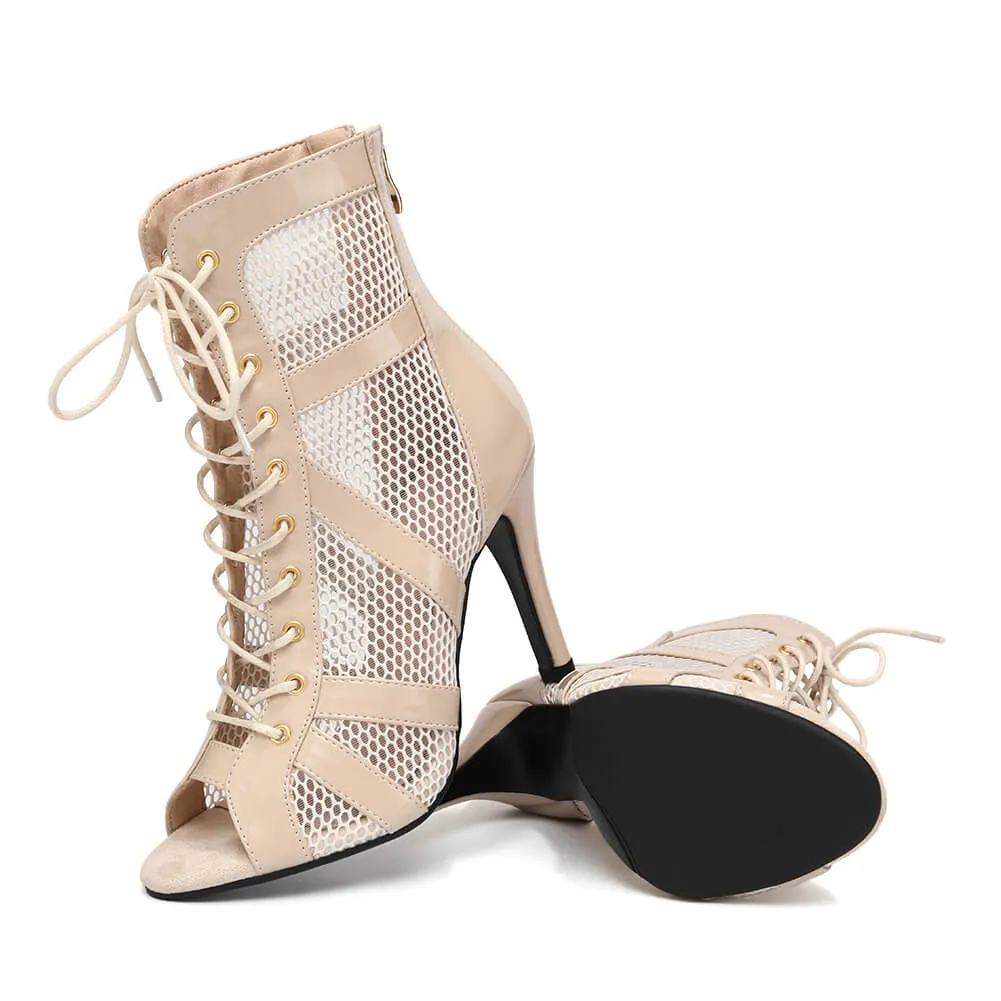 Beige Patent Leather Lace-up Front Mesh Stiletto Boots