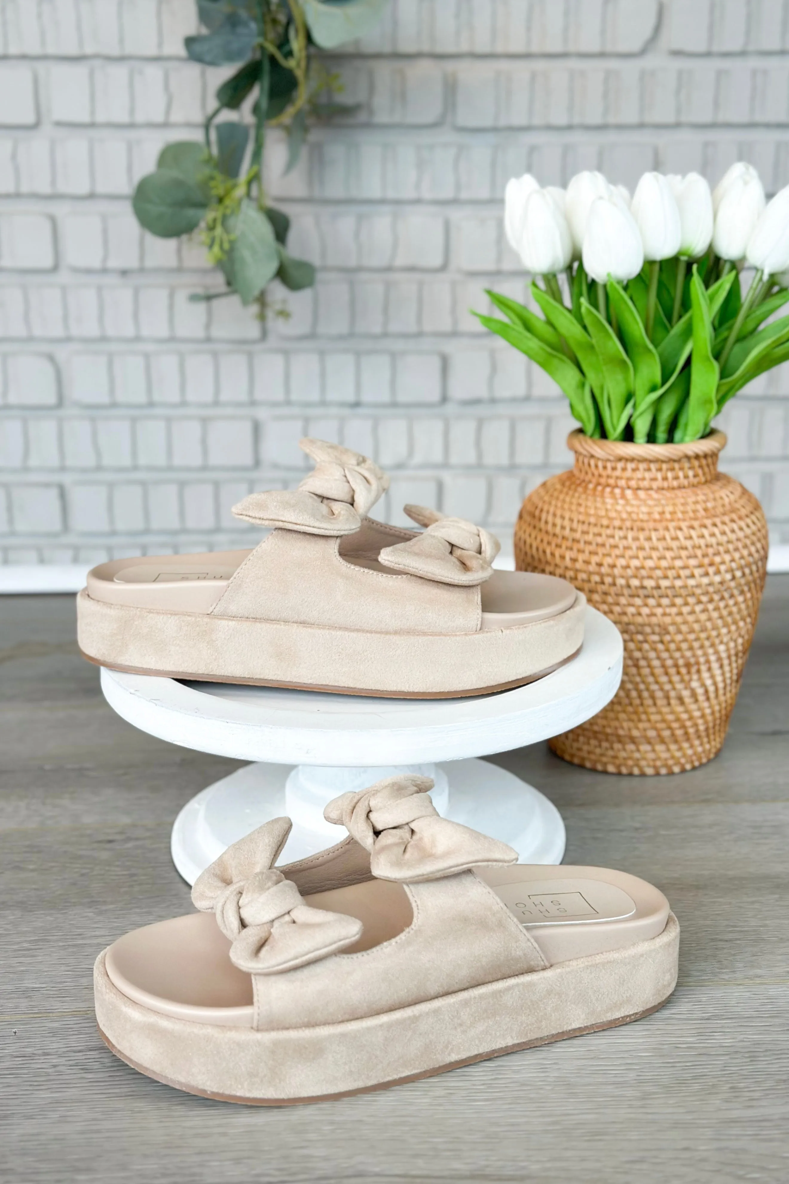 Beige Suede Bow Slide