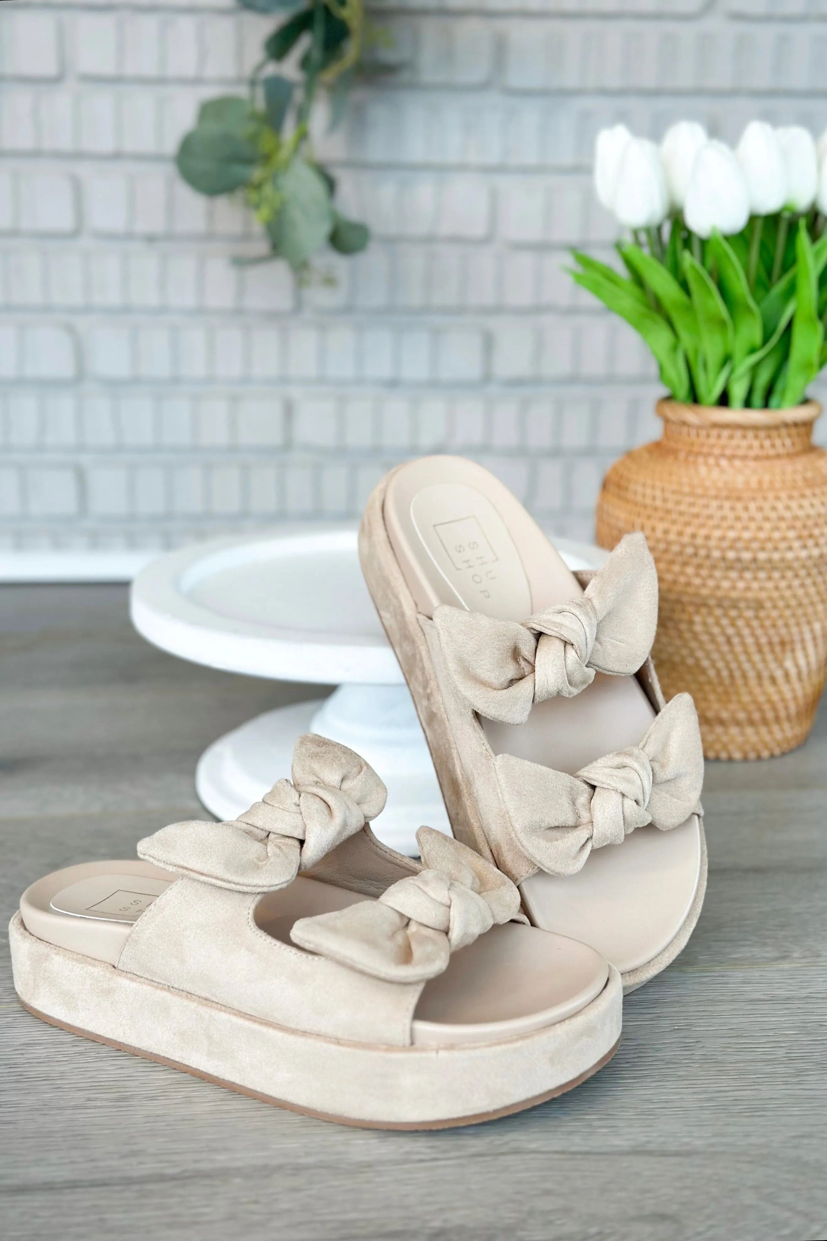Beige Suede Bow Slide