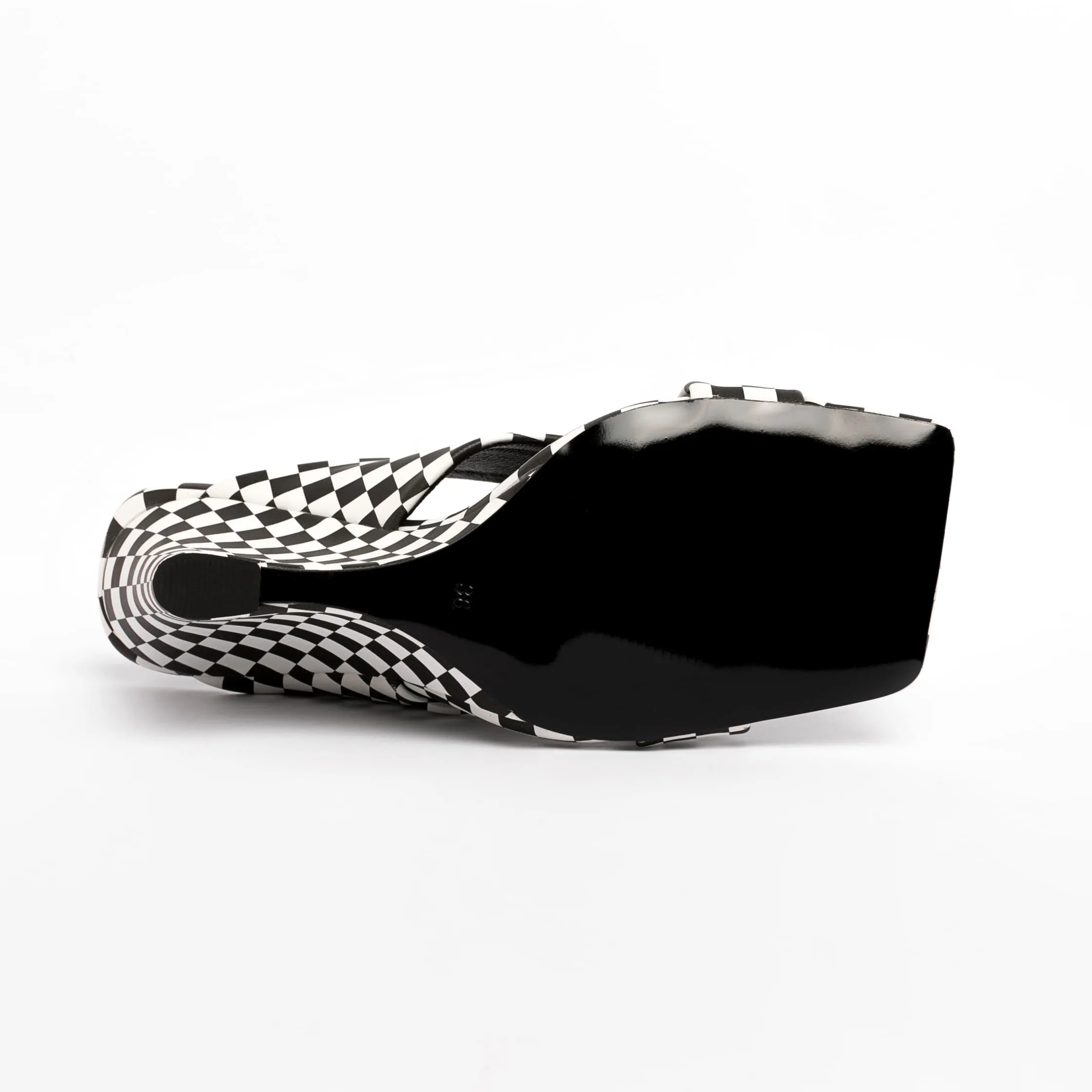 Black & White Plaid Square Toe Wedge Heel Slide Sandals