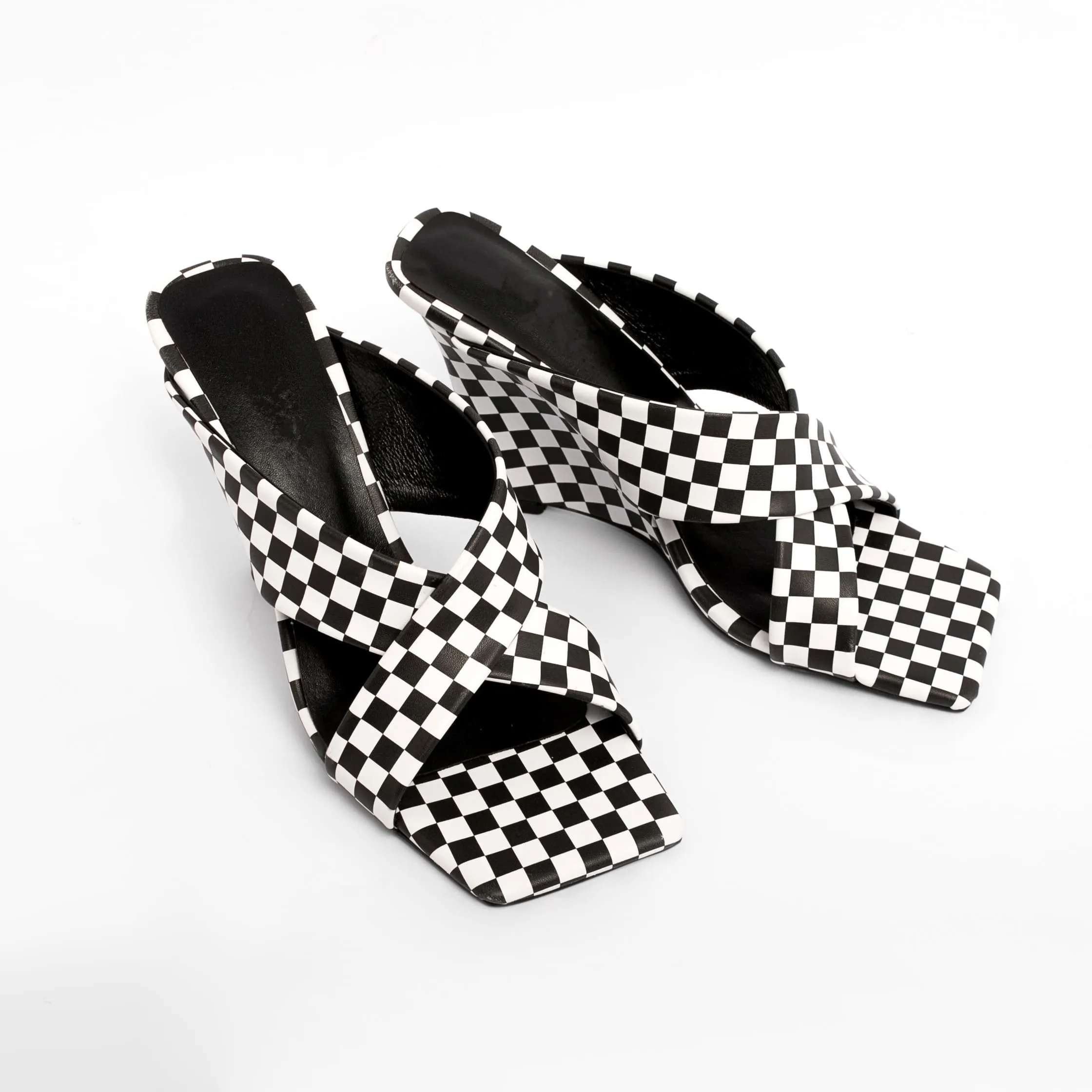 Black & White Plaid Square Toe Wedge Heel Slide Sandals