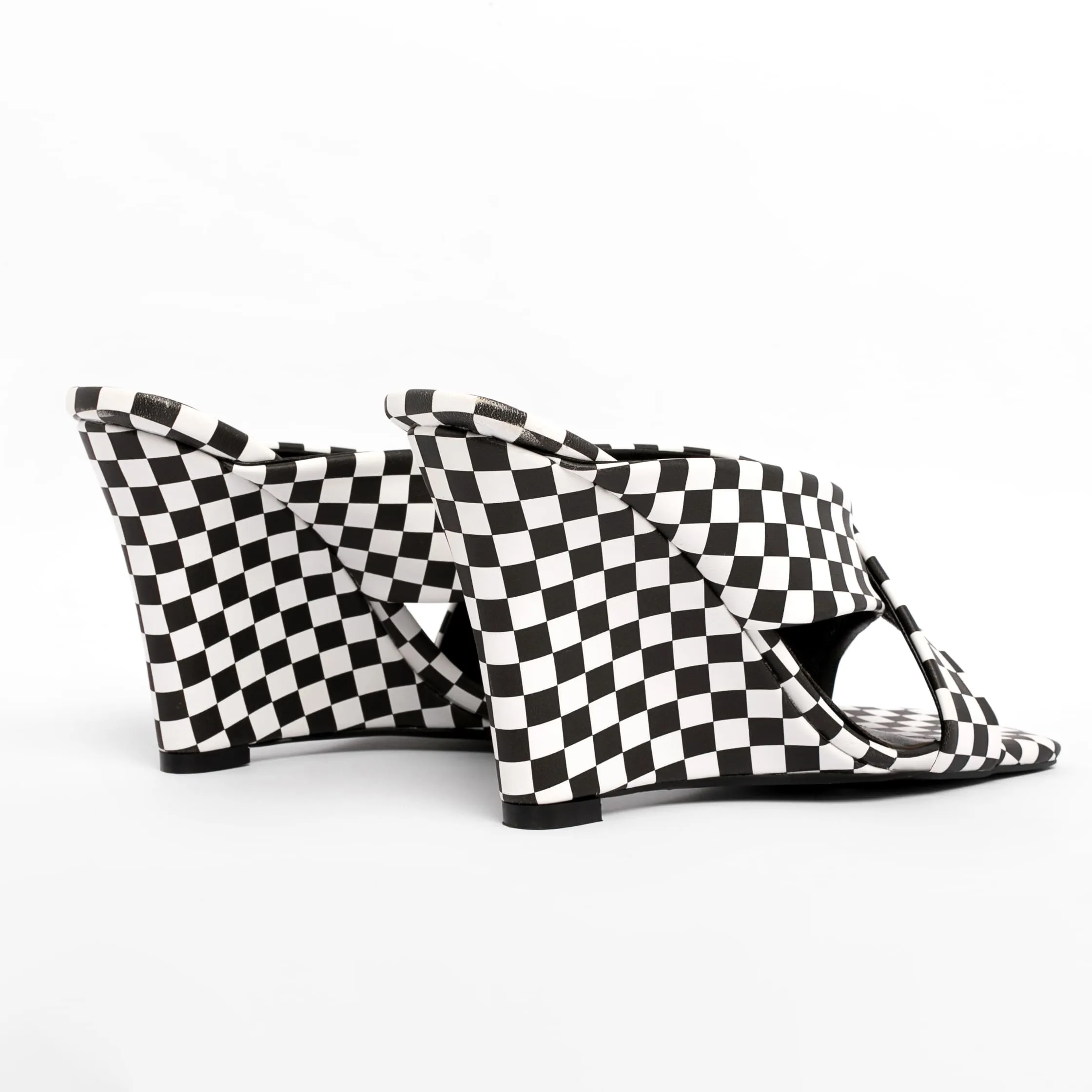 Black & White Plaid Square Toe Wedge Heel Slide Sandals