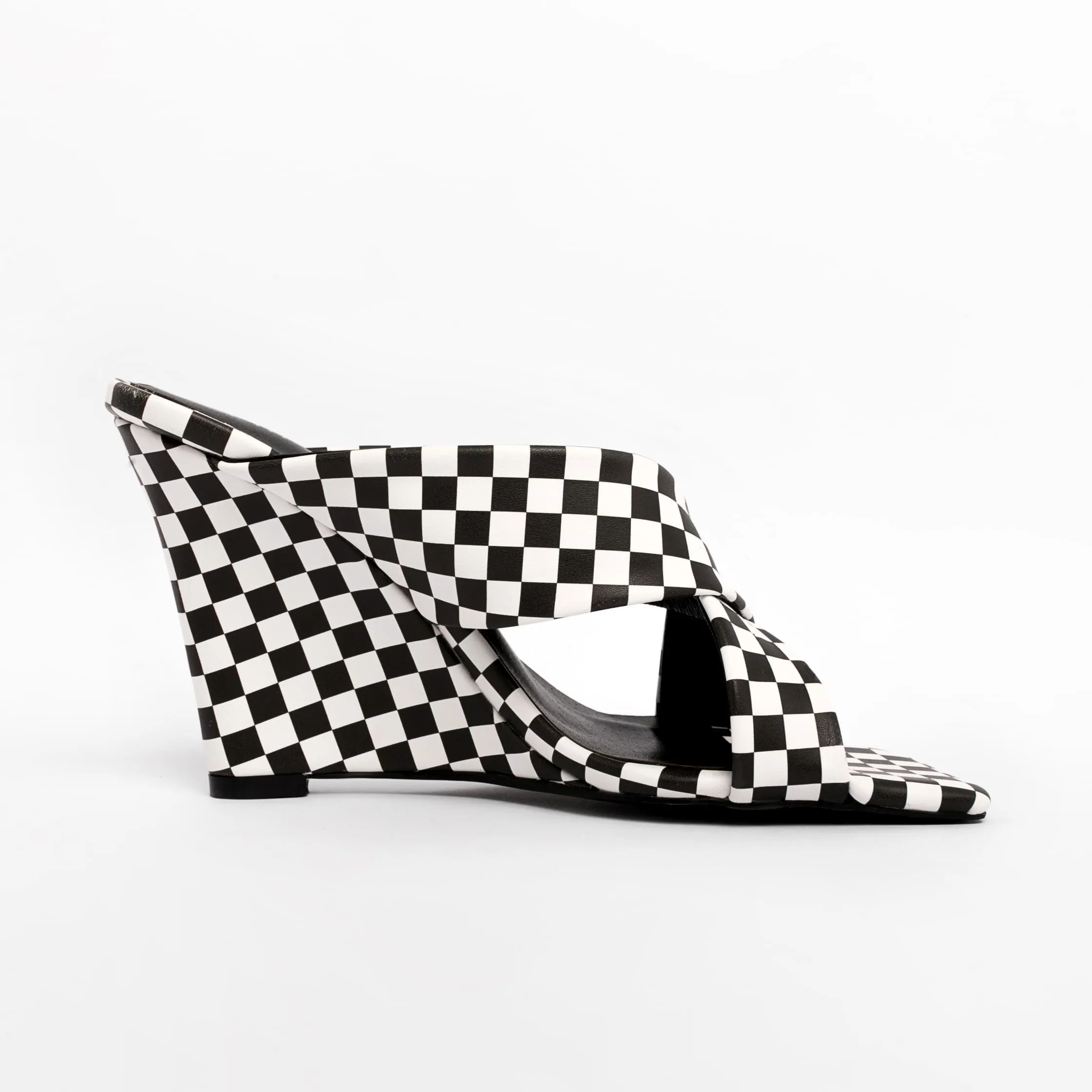 Black & White Plaid Square Toe Wedge Heel Slide Sandals