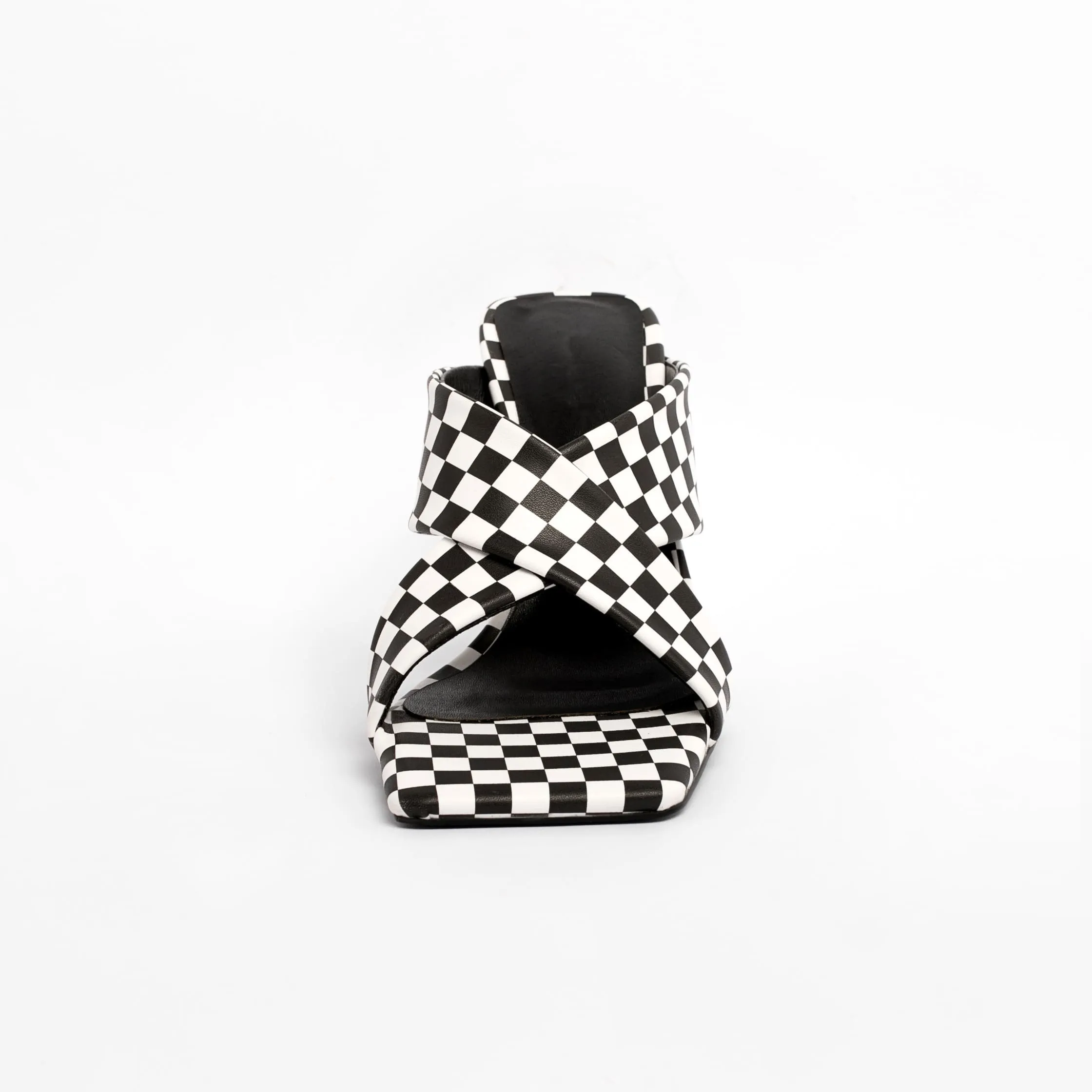 Black & White Plaid Square Toe Wedge Heel Slide Sandals