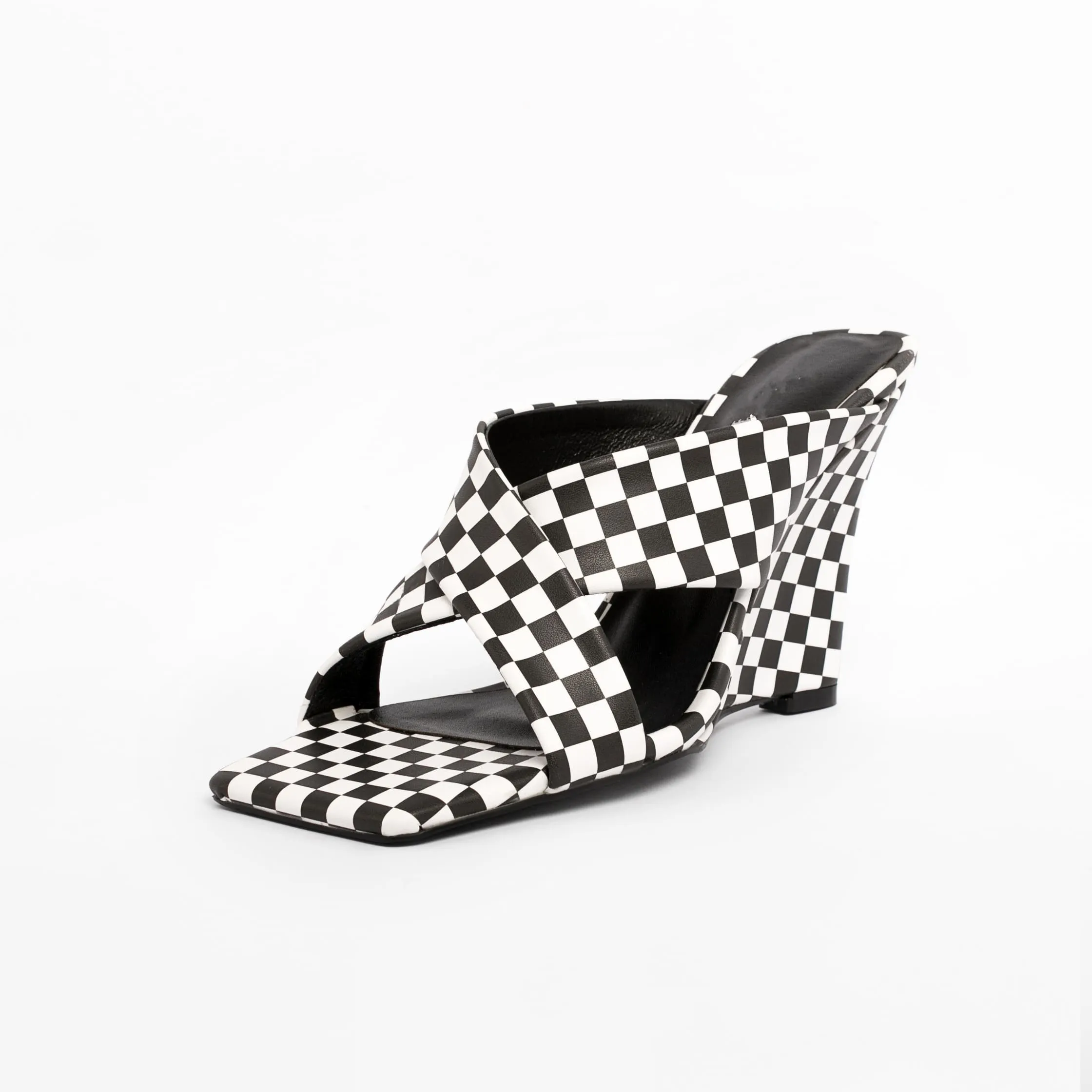 Black & White Plaid Square Toe Wedge Heel Slide Sandals