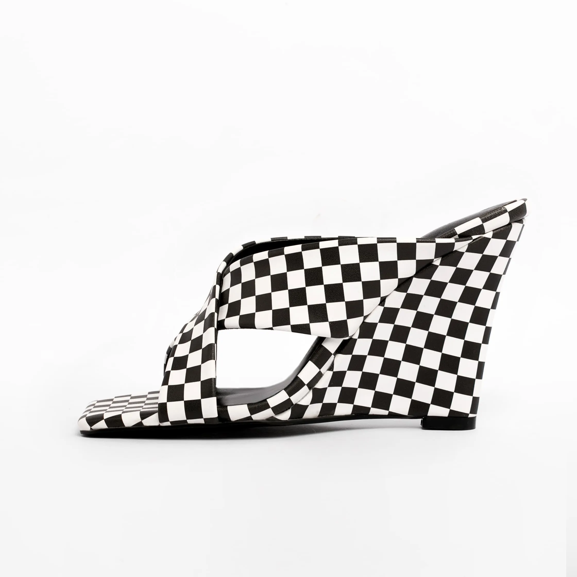 Black & White Plaid Square Toe Wedge Heel Slide Sandals
