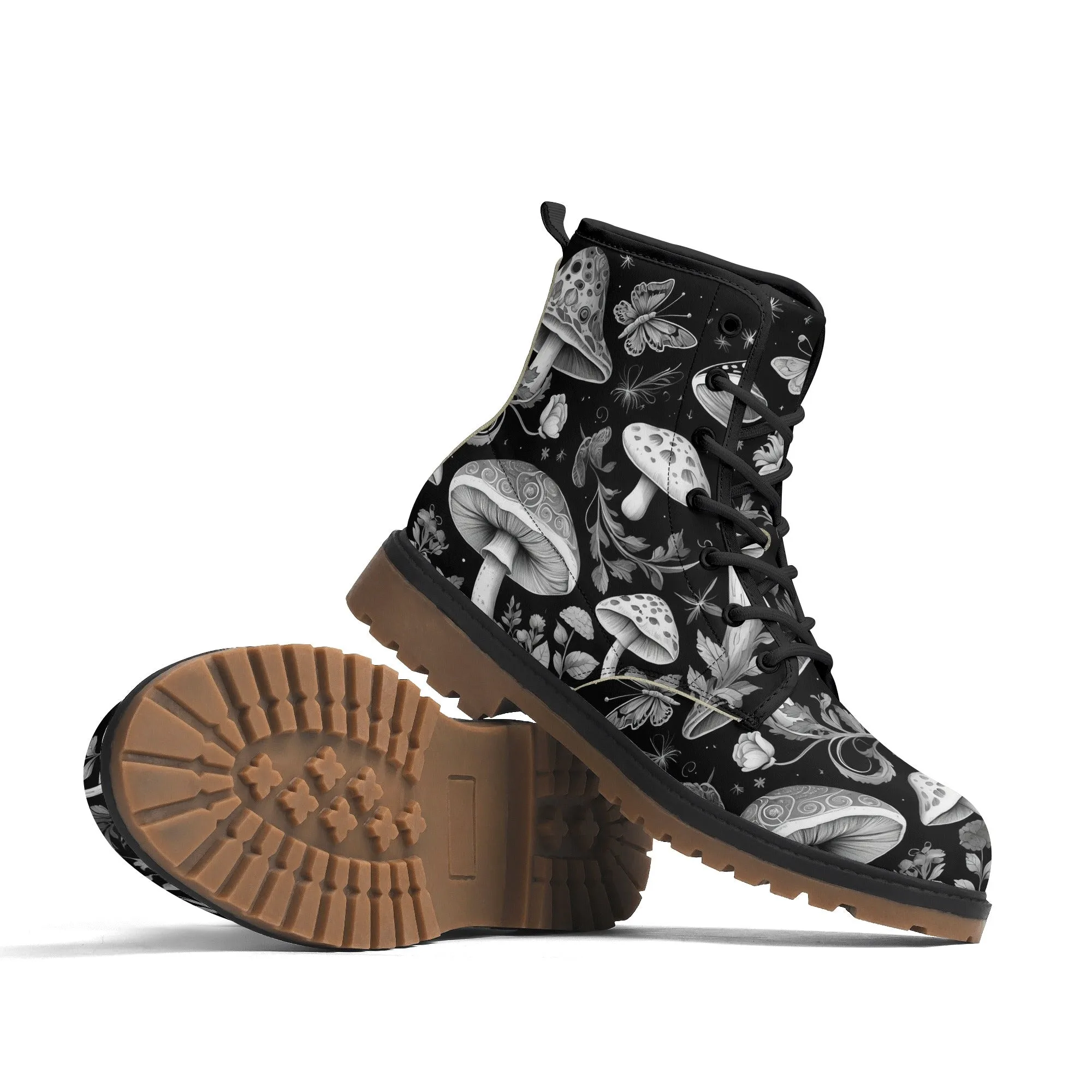 Black and White Mushrooms Womens Luxe Combat Boots