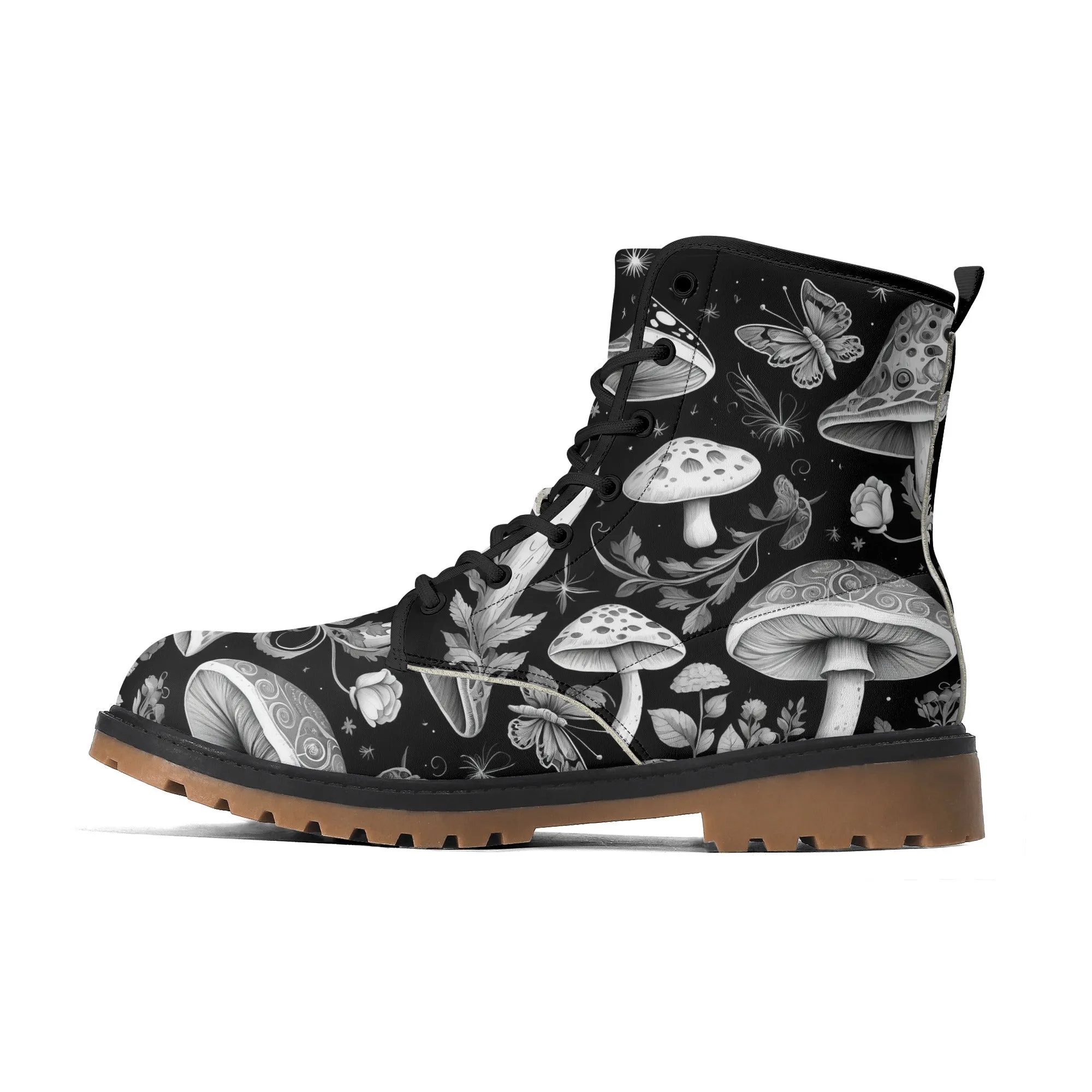 Black and White Mushrooms Womens Luxe Combat Boots