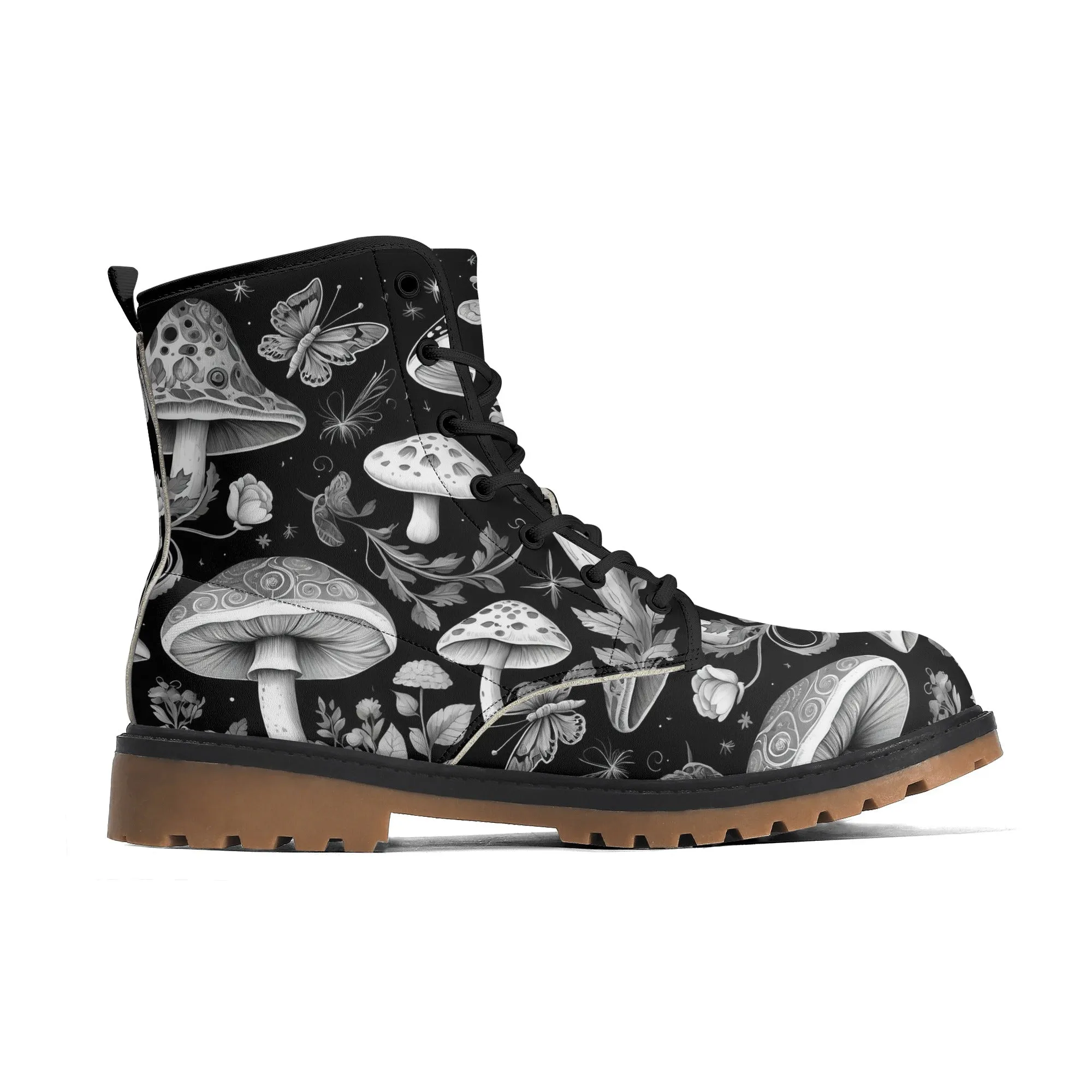 Black and White Mushrooms Womens Luxe Combat Boots