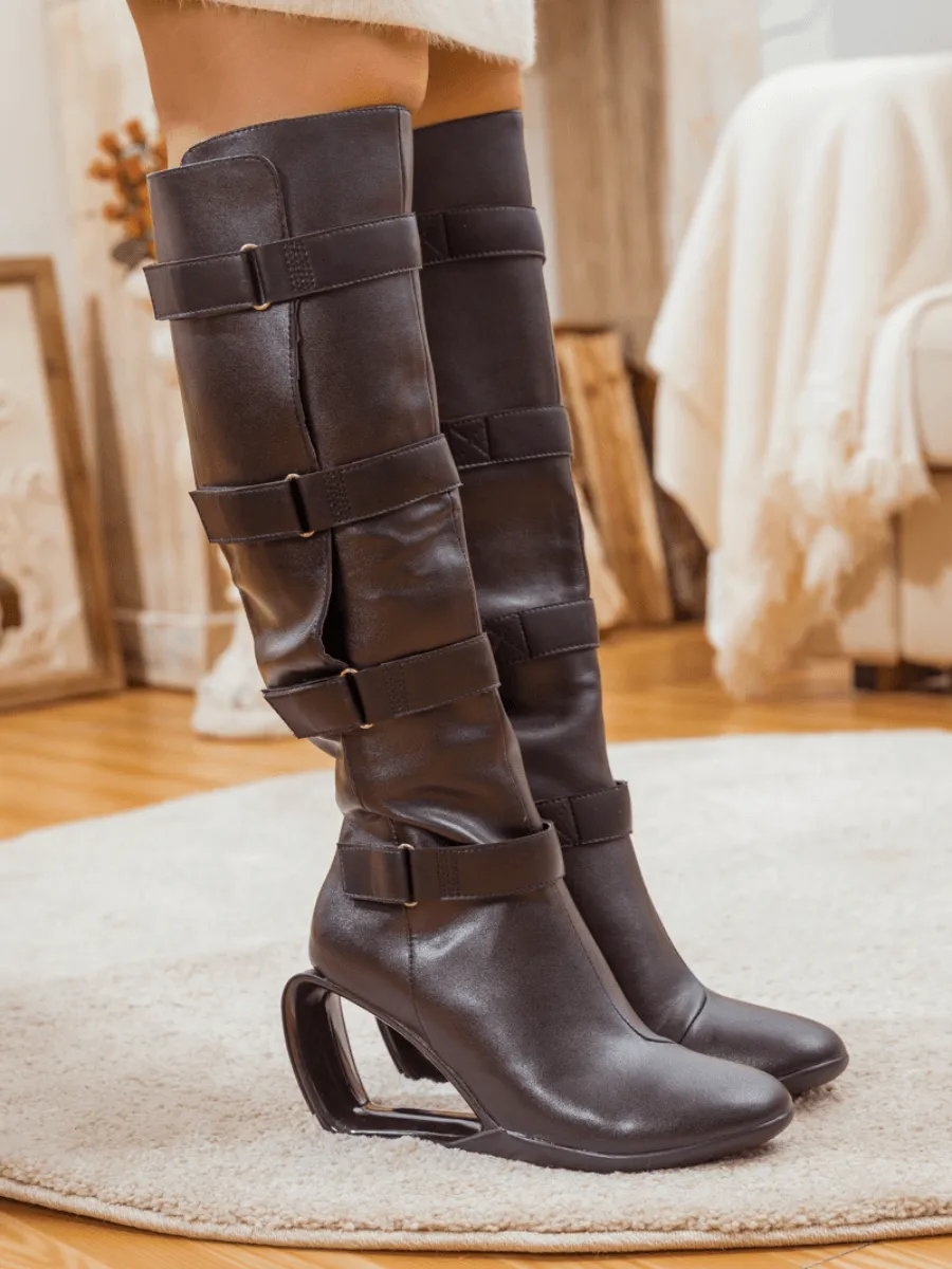 Black Buckle Leather Cutout-Wedge Boot