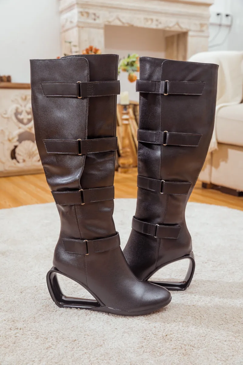 Black Buckle Leather Cutout-Wedge Boot