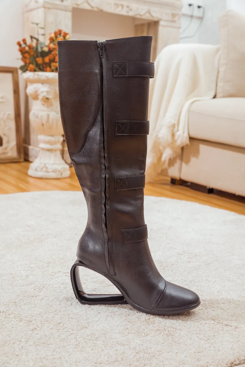 Black Buckle Leather Cutout-Wedge Boot