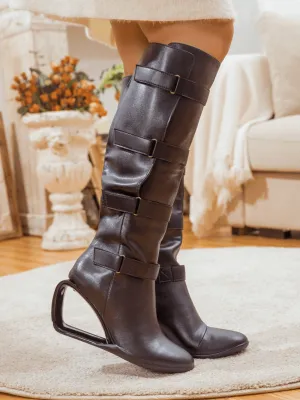 Black Buckle Leather Cutout-Wedge Boot