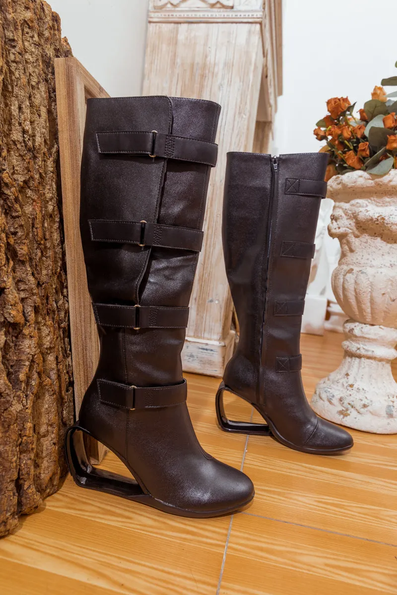 Black Buckle Leather Cutout-Wedge Boot