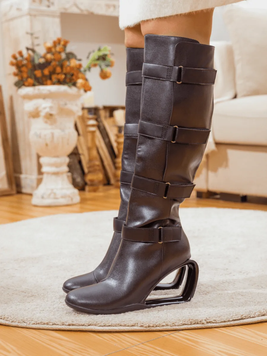 Black Buckle Leather Cutout-Wedge Boot