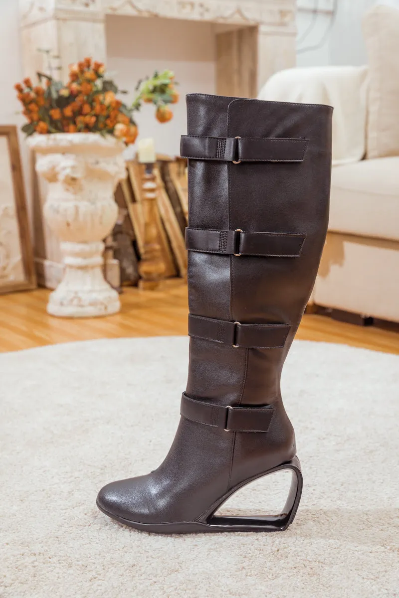 Black Buckle Leather Cutout-Wedge Boot
