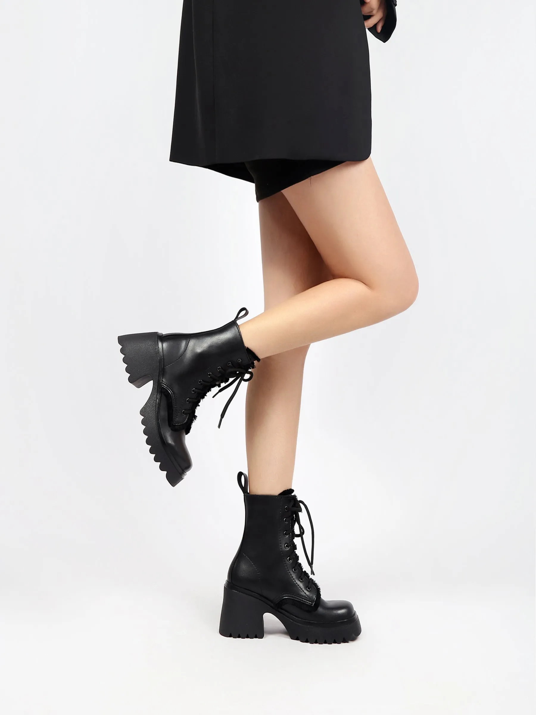 Black Leather Mane Trim Combat Boot
