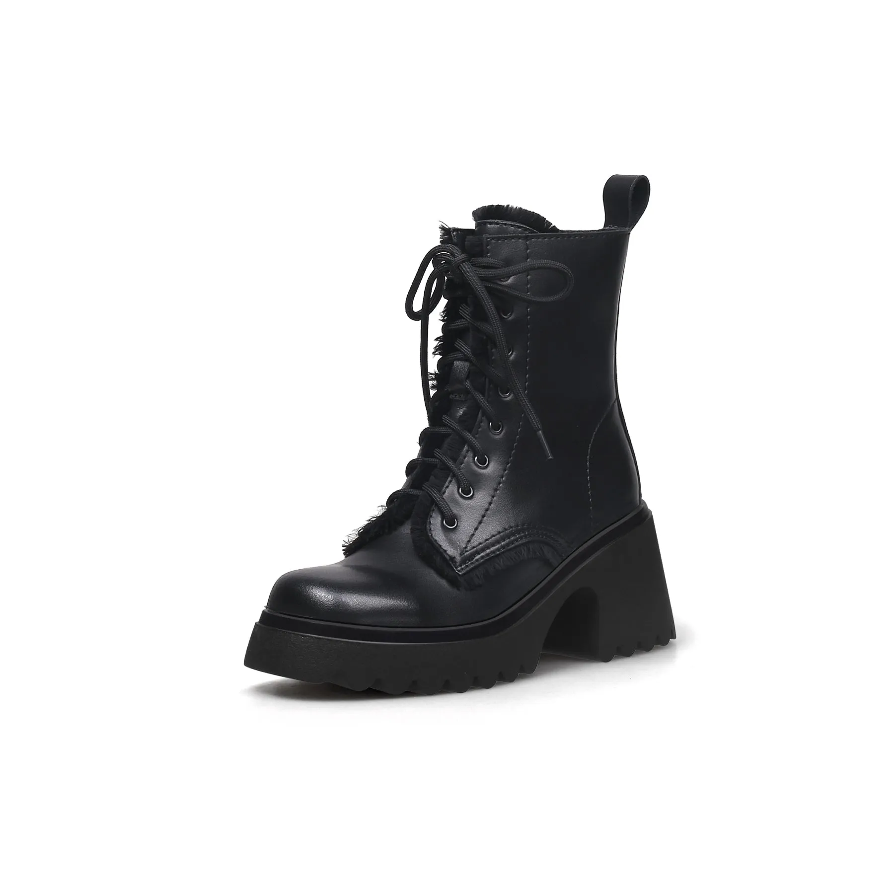 Black Leather Mane Trim Combat Boot