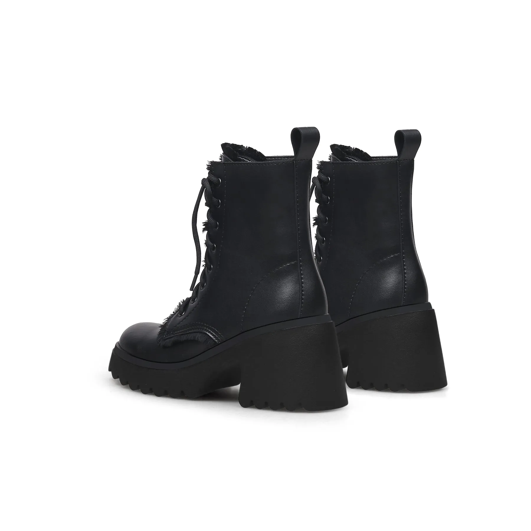 Black Leather Mane Trim Combat Boot