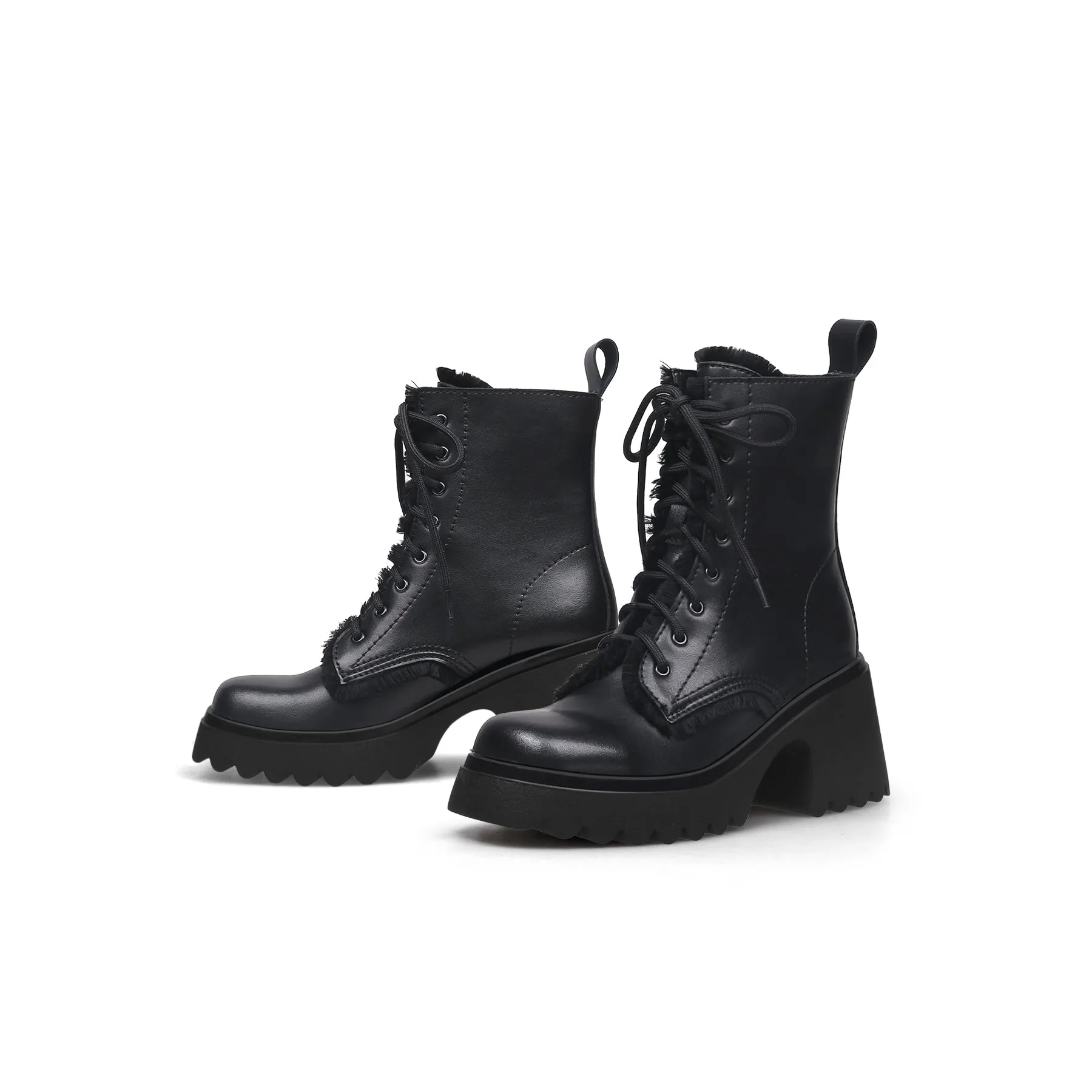 Black Leather Mane Trim Combat Boot