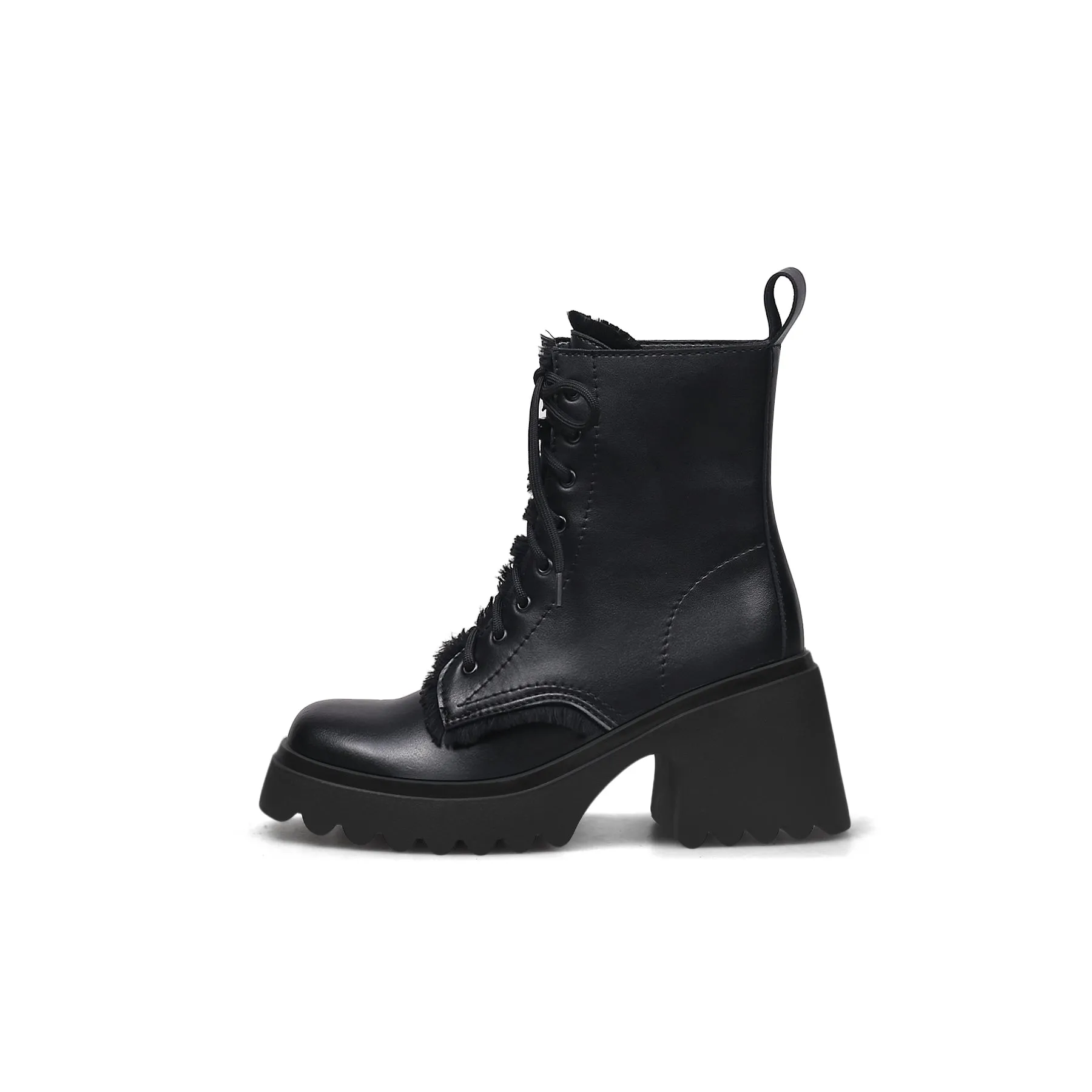 Black Leather Mane Trim Combat Boot