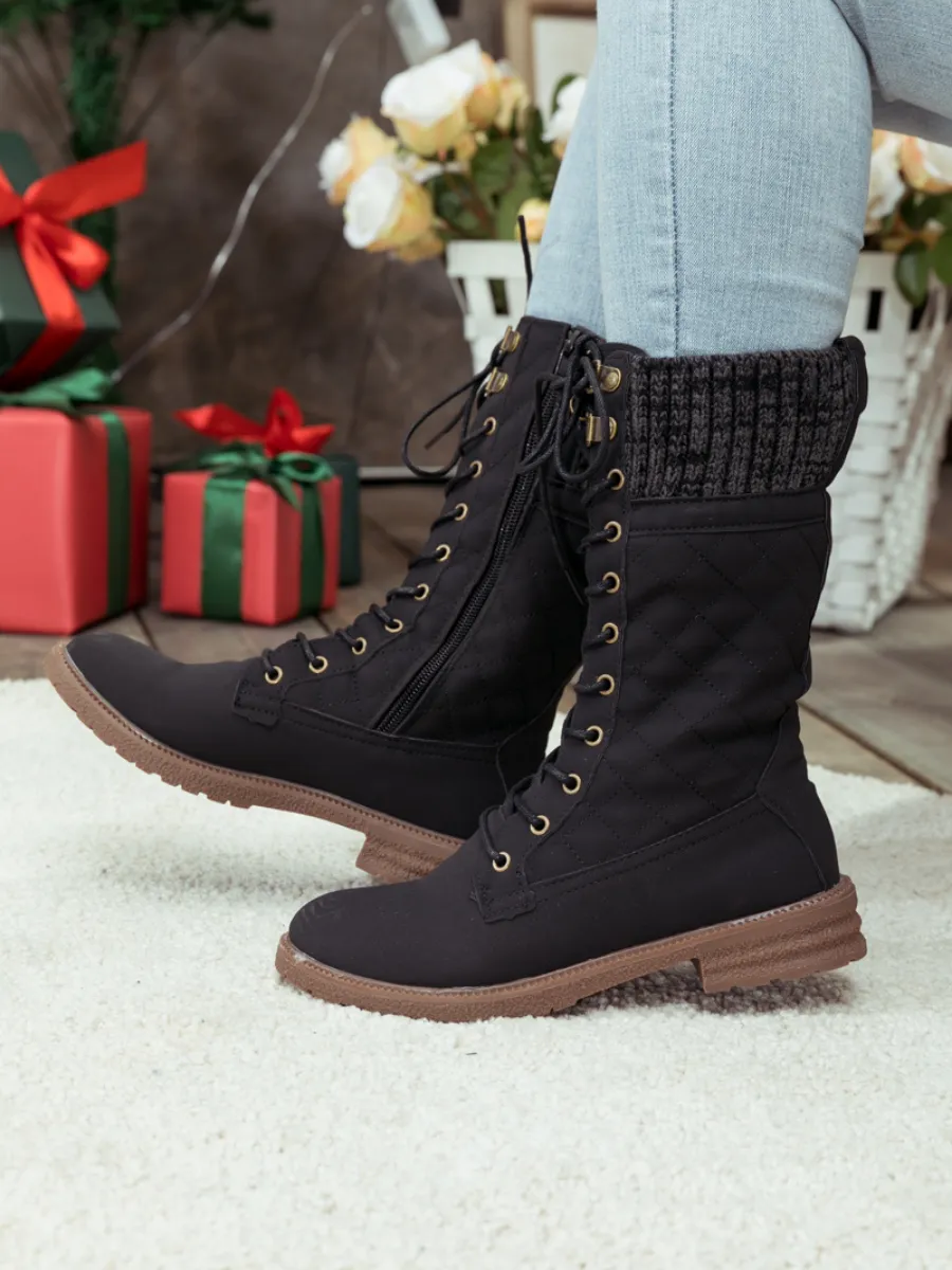Black Plaid Pattern Sock-Lined Combat Boots