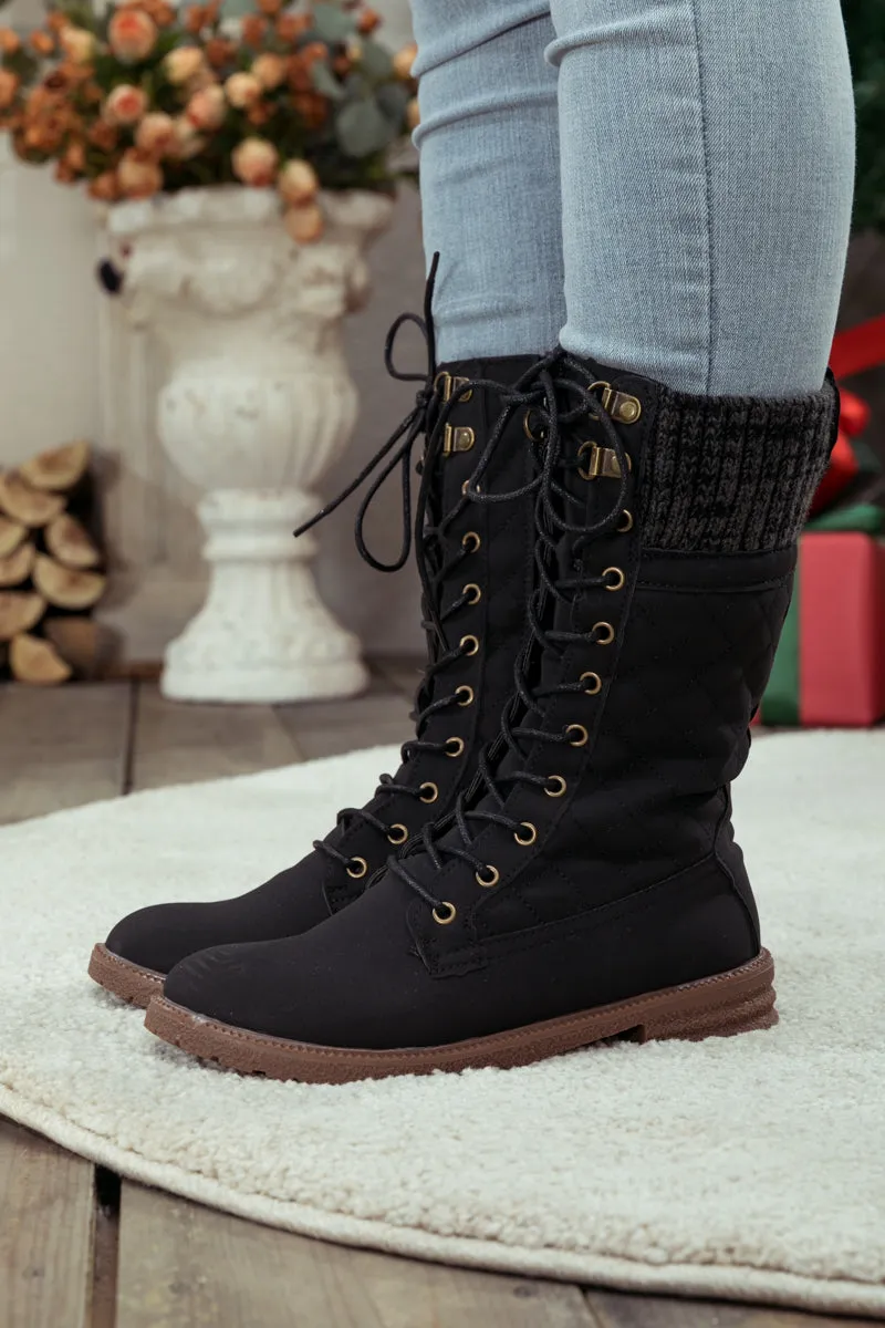 Black Plaid Pattern Sock-Lined Combat Boots
