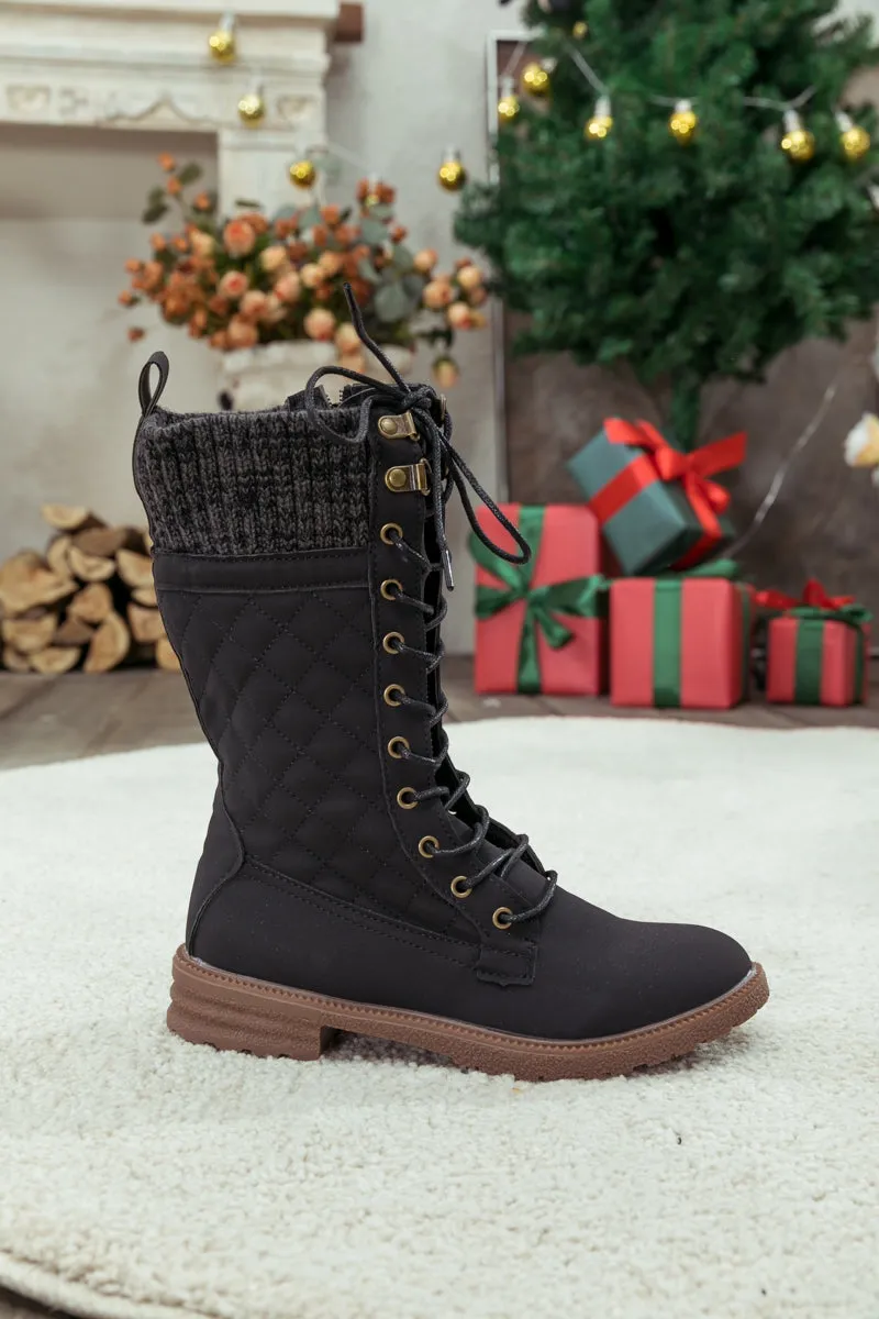 Black Plaid Pattern Sock-Lined Combat Boots