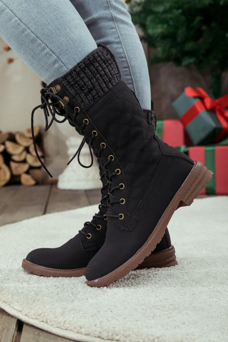 Black Plaid Pattern Sock-Lined Combat Boots