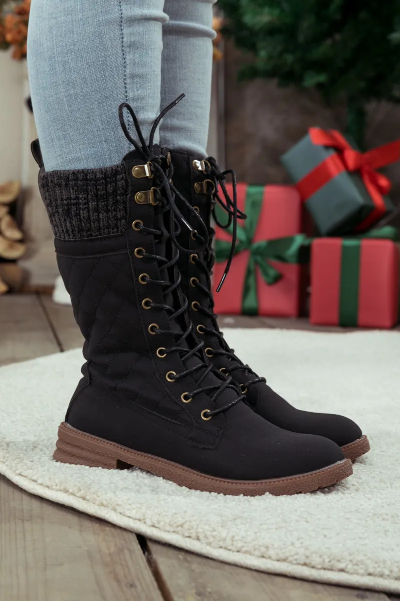 Black Plaid Pattern Sock-Lined Combat Boots