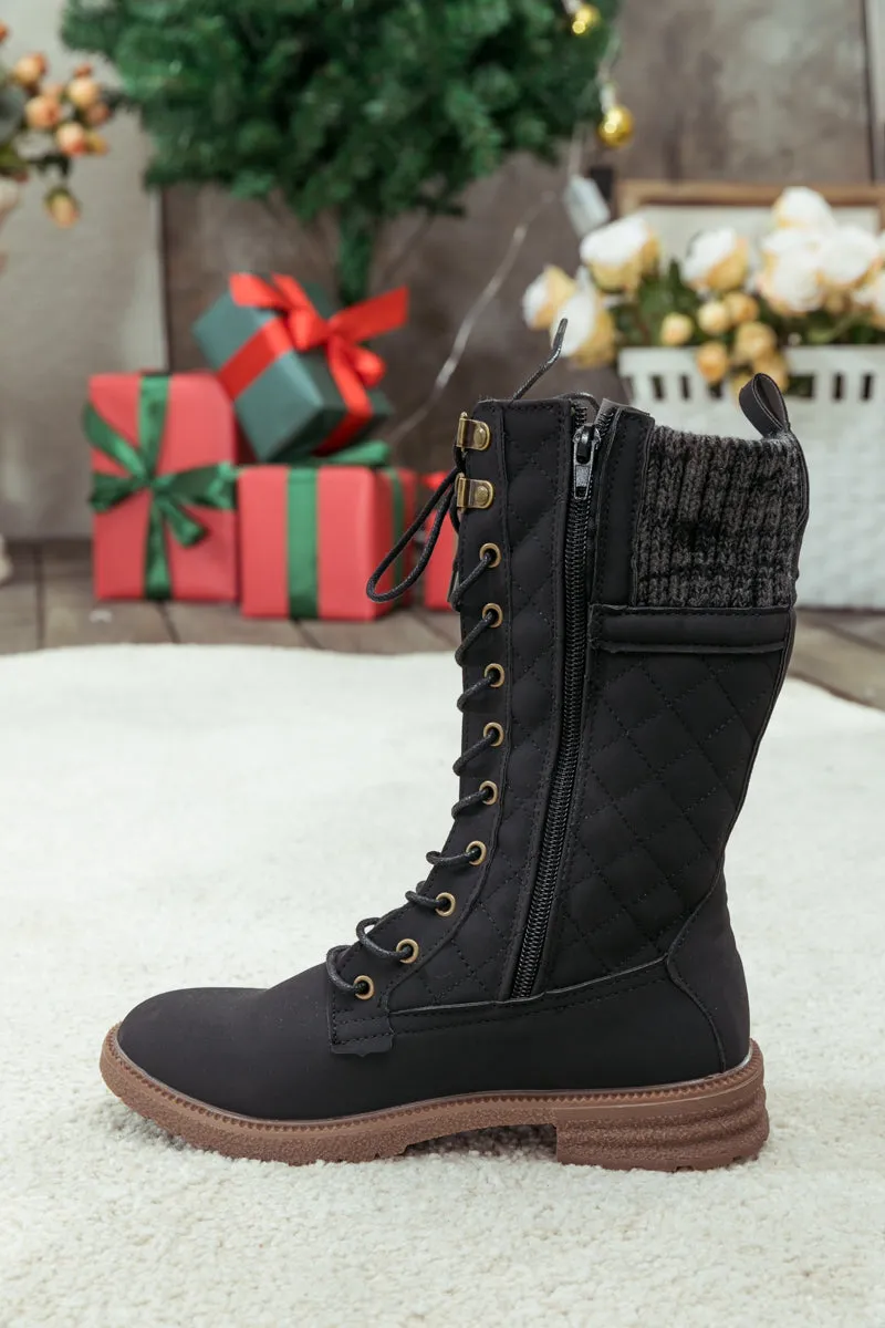 Black Plaid Pattern Sock-Lined Combat Boots