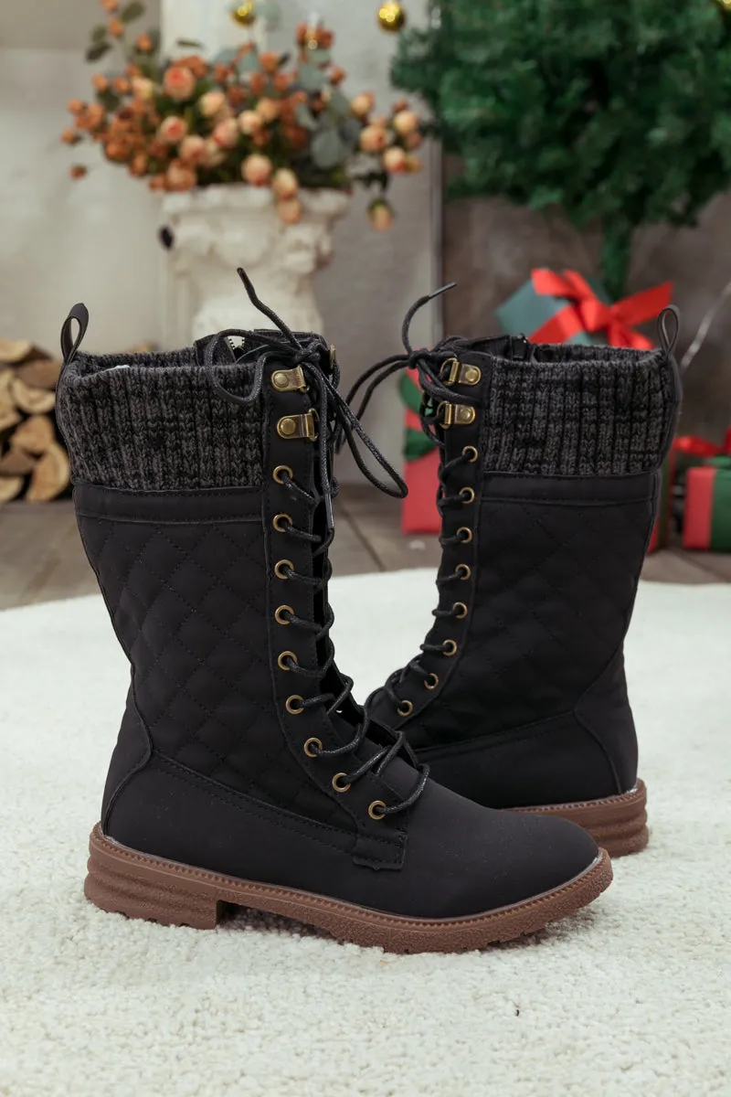 Black Plaid Pattern Sock-Lined Combat Boots