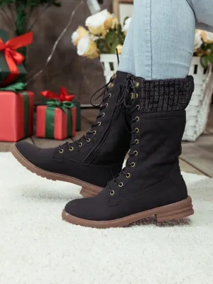 Black Plaid Pattern Sock-Lined Combat Boots