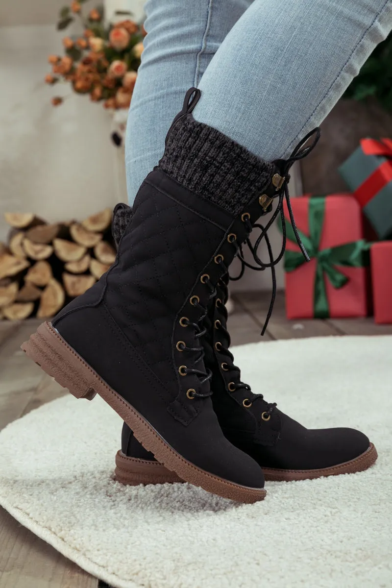 Black Plaid Pattern Sock-Lined Combat Boots