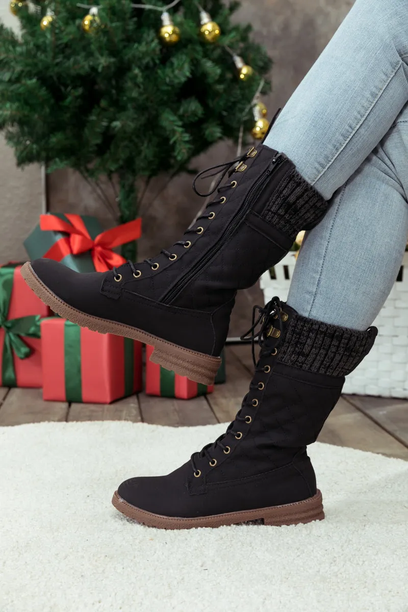 Black Plaid Pattern Sock-Lined Combat Boots