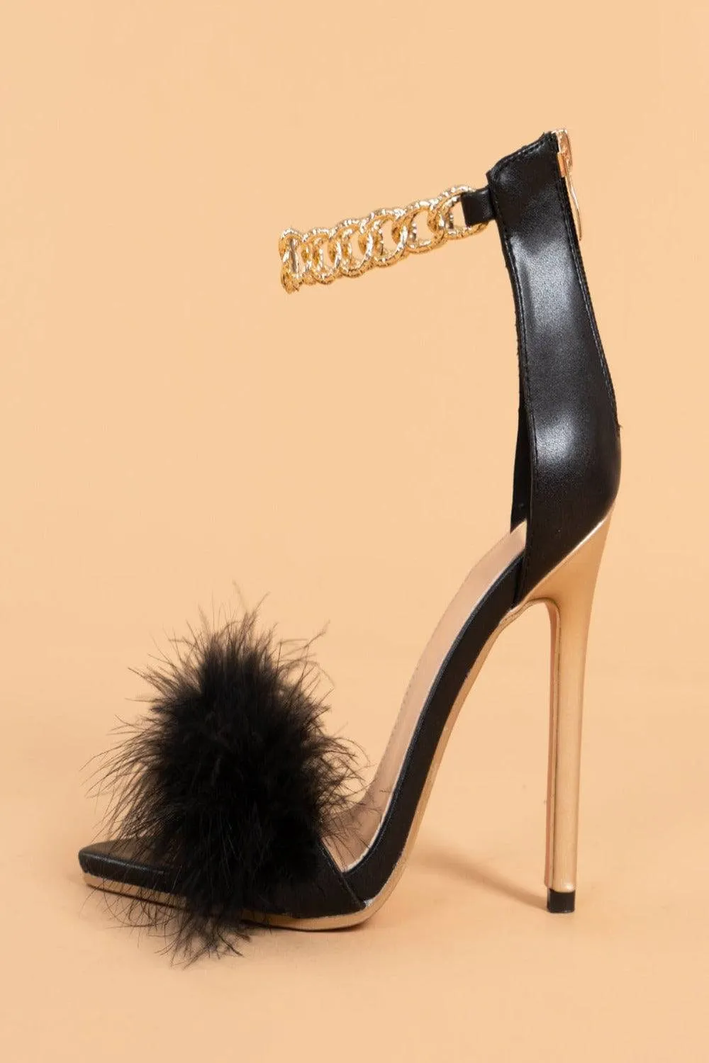 Black Stiletto High Heel Sandals Gold Chain Fluffy Fur Shoes