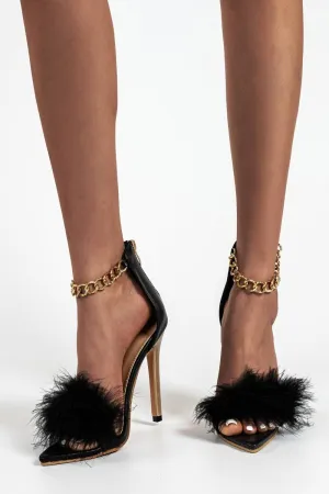 Black Stiletto High Heel Sandals Gold Chain Fluffy Fur Shoes