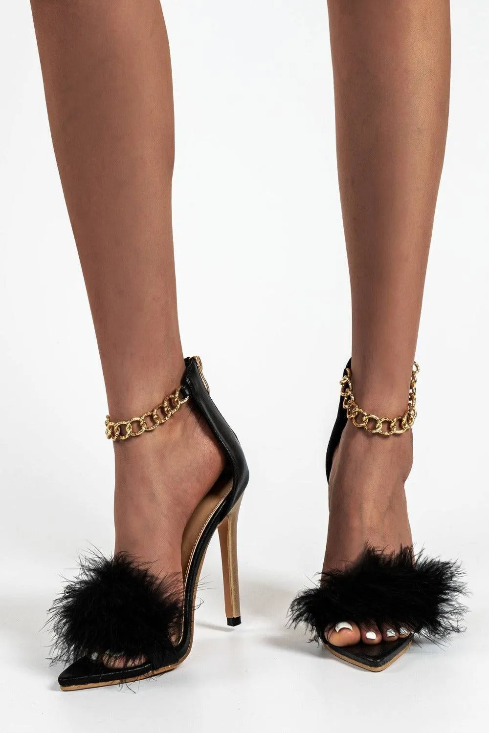 Black Stiletto High Heel Sandals Gold Chain Fluffy Fur Shoes